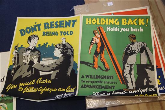 A collection of ten 1920s Bill Jones coloured lithograph motivational posters, each 28 x 22in.